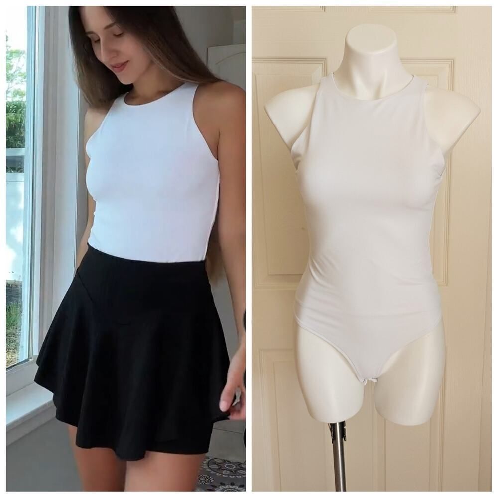 REORIA Butsmooth White Sexy Racer Back Halter Bodysuit sz S